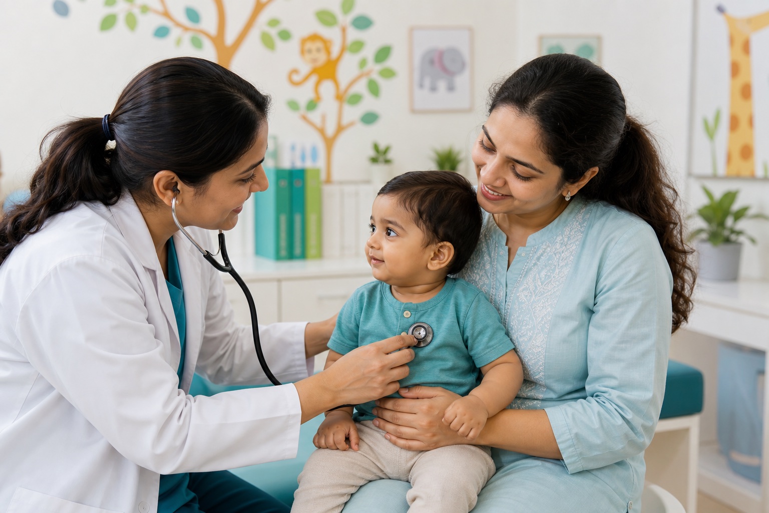 A pediatrician checking a toddler while the mother holds the child