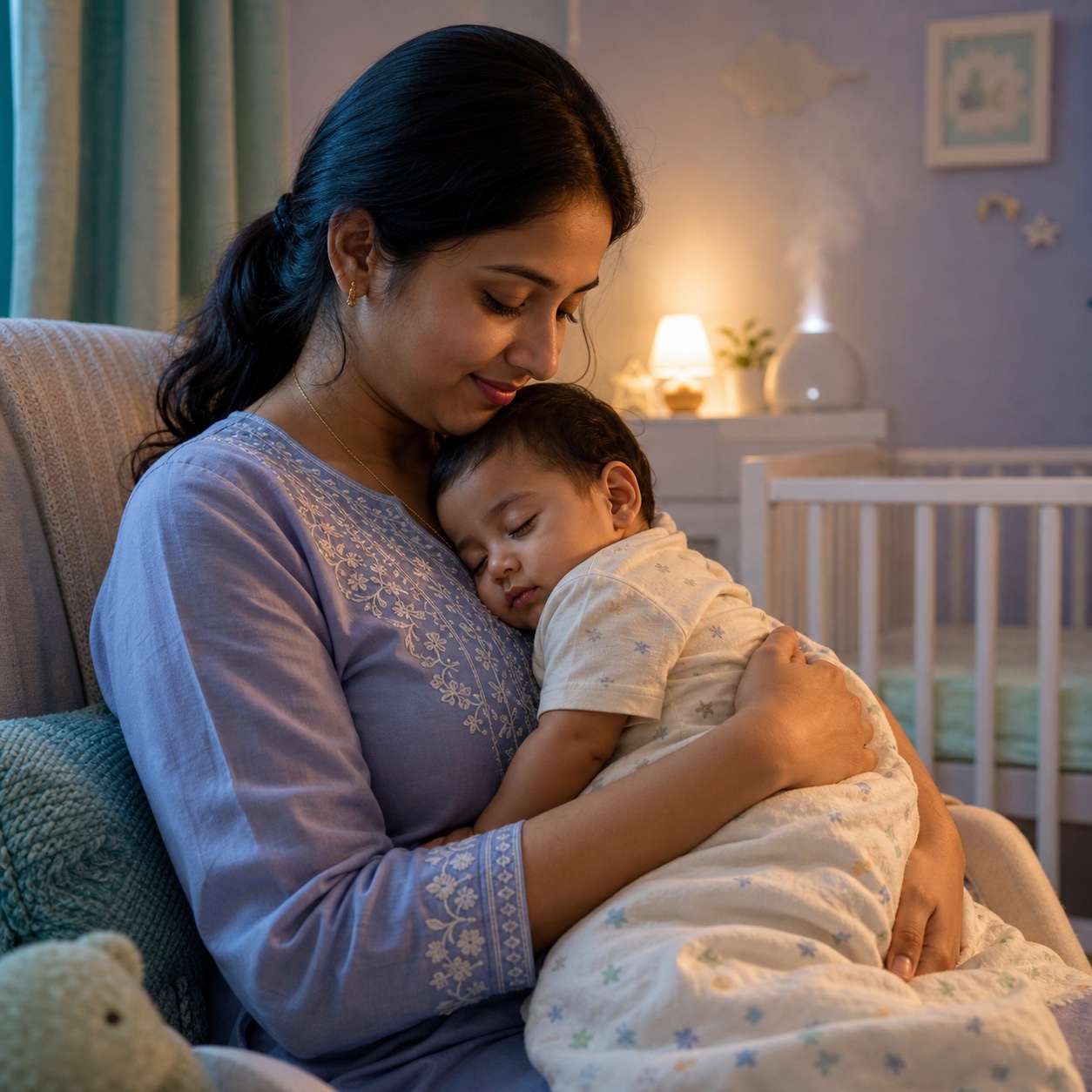 A parent gently comforting a sleepy baby in a nursery