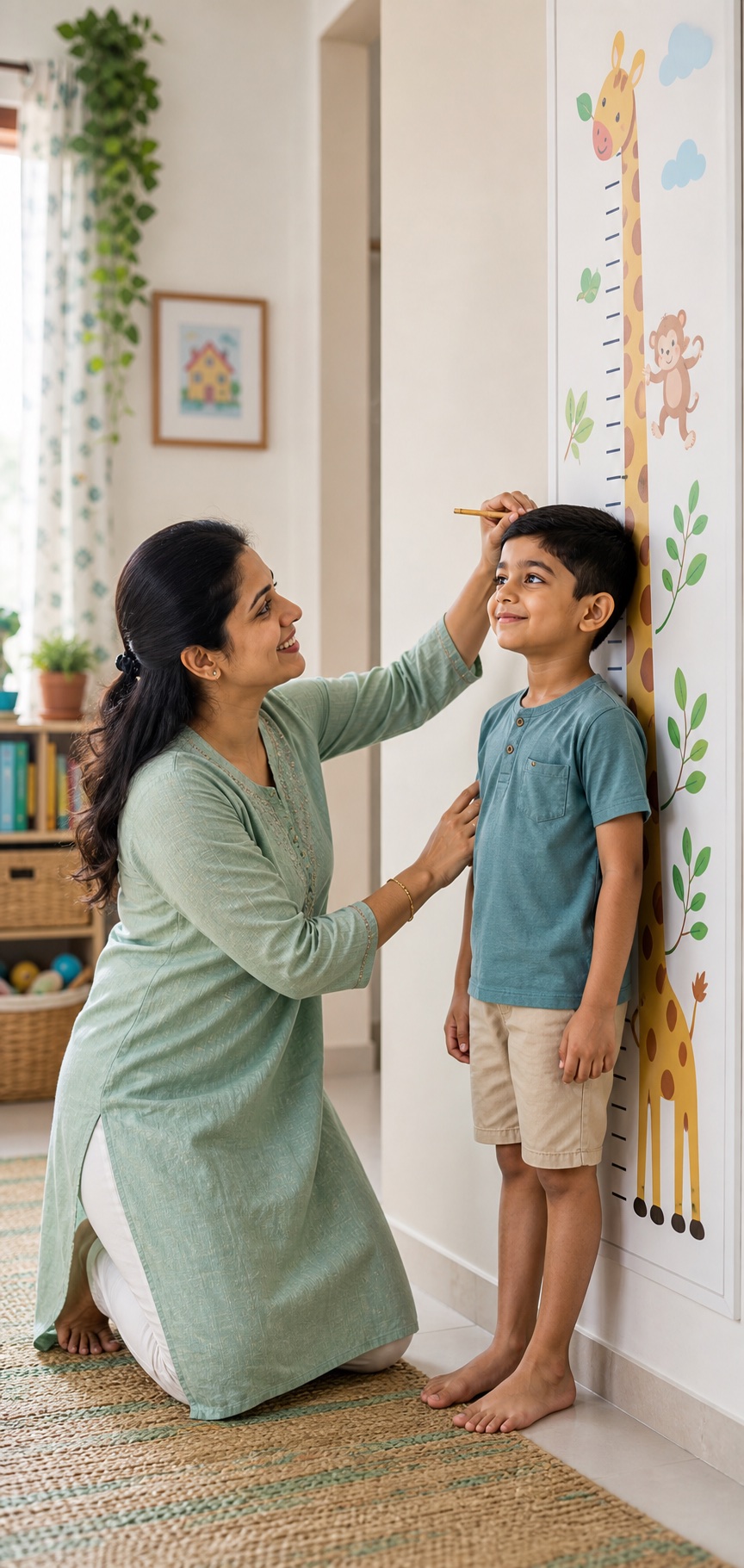 A parent measuring a child's height against a colourful growth chart