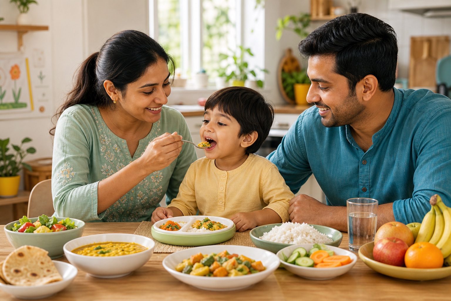 Parents helping a young child enjoy a healthy family meal