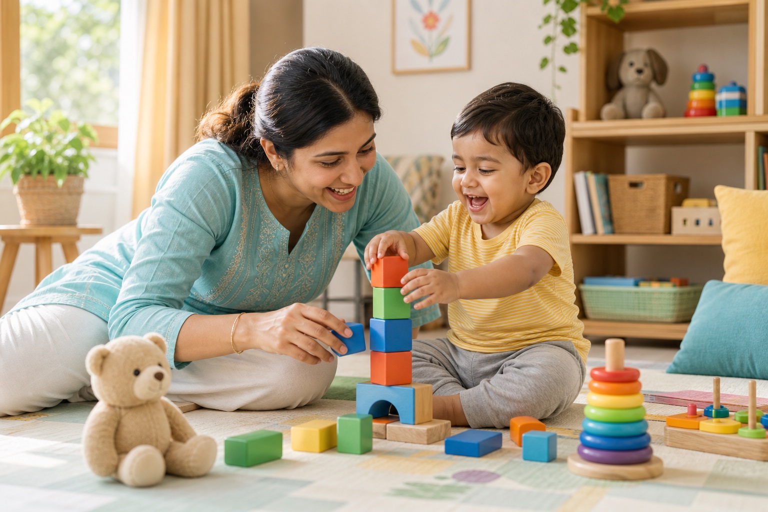 A parent and toddler playing with colourful blocks at home