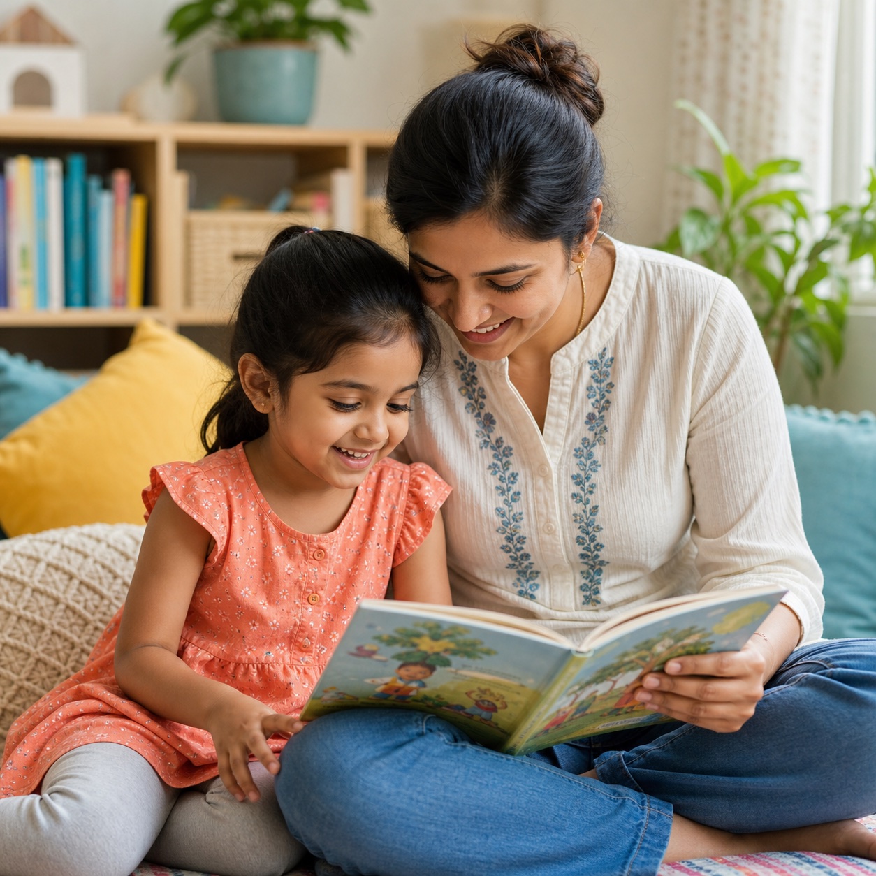 A parent reading a picture book with a smiling child
